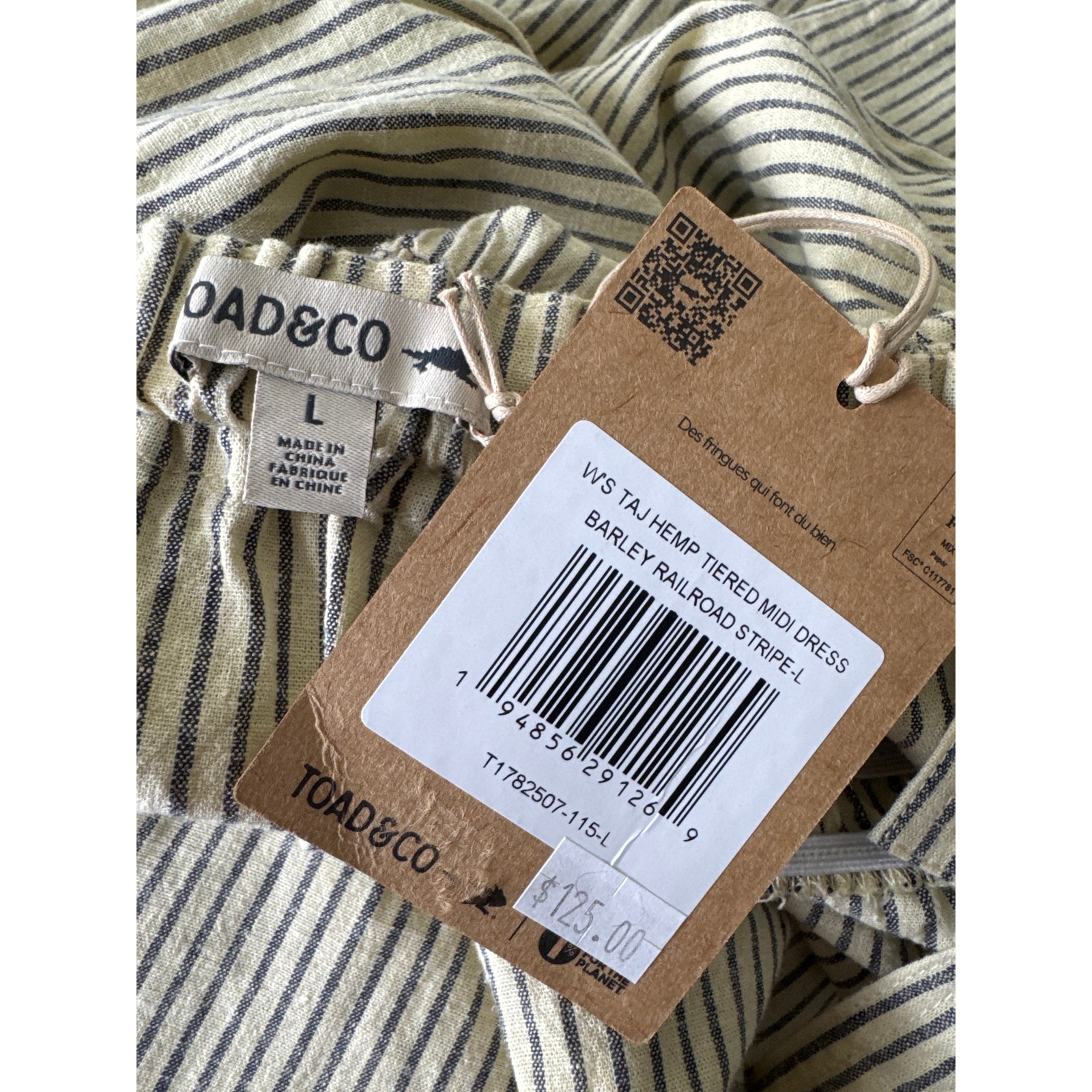 Toad & Co Taj Hemp Tiered Midi Dress Barley Railroad Stripe Size Large Nwt — image 7 of 7